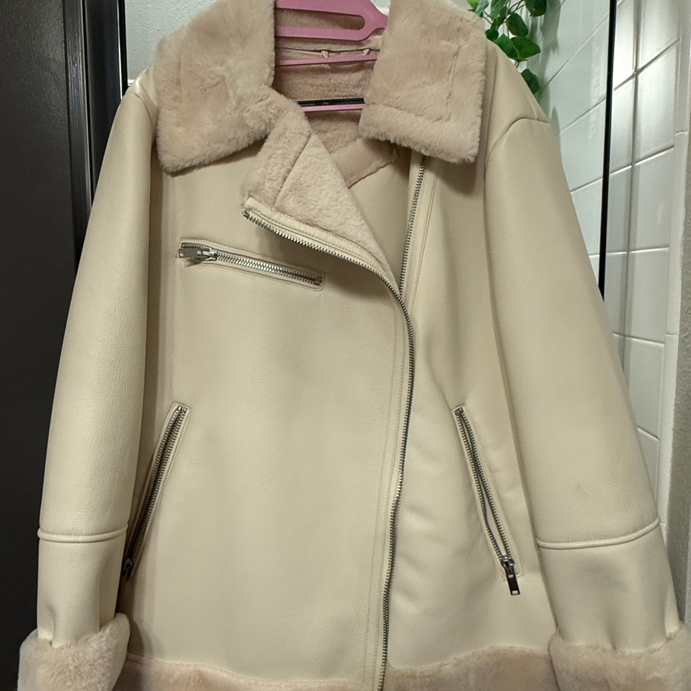 Forever 21 Cream Teddy Jacket with Zipper Accents